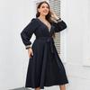 Women 's Casual Lantern Long Sleeve Dresses V-Neck Lace Stitched Plus Size Dress for Female Tie Up Mid-Length Dress Commuter Fashion Maxi Dresses