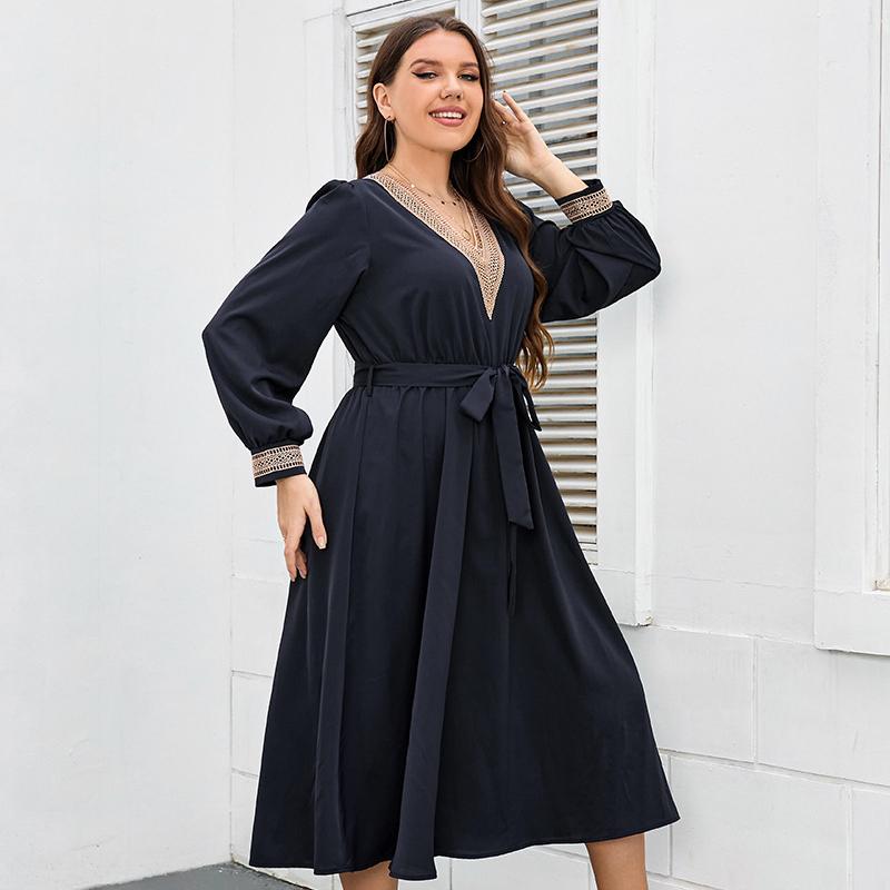 Women 's Casual Lantern Long Sleeve Dresses V-Neck Lace Stitched Plus Size Dress for Female Tie Up Mid-Length Dress Commuter Fashion Maxi Dresses