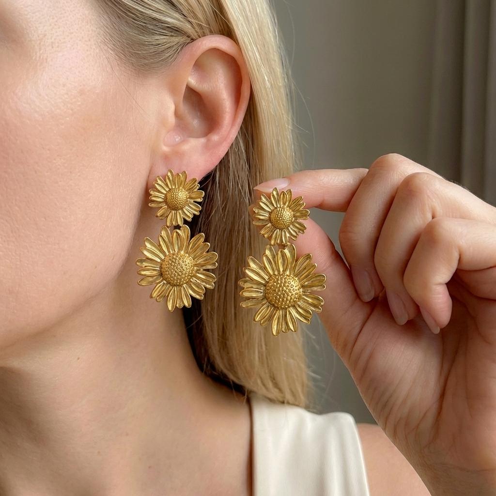 Boho 3D Floral Dangle Earrings for Women Stainless Steel Layered Metal Flower Daisy Drop Earring Beach Party Waterproof Jewelry