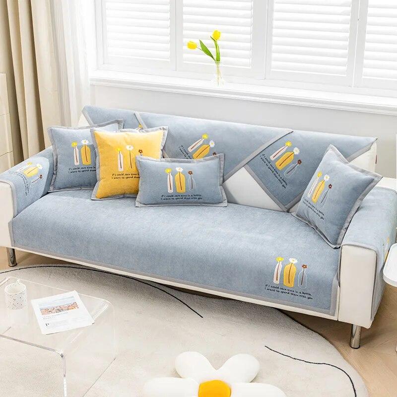 Nordic Vase Embroidery Sofa Cushion Four Seasons Universal Non-slip Leather Sofa Cover Chenille Cushion Back Towel Cover Cloth