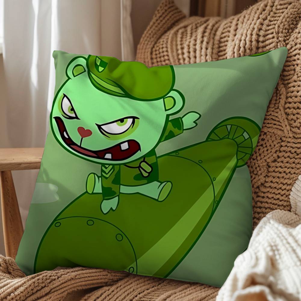 Green Cute Happy HTF Tree Friends Pillow Case Square DoubleSided Printing Short Plush Sofa Cushion Cover Bedroom Bedside Pillow