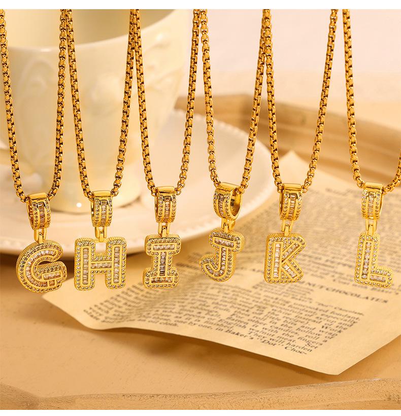 Minimalist Letter Inlaid Diamond Copper Pendant Necklace with Long Box Chain in Gold-Plated Titanium Steel