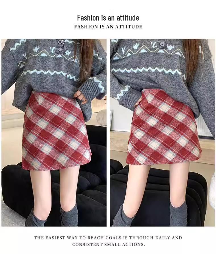 Plaid Woolen High-Waist A-Line Hip-Hugging Skirt - New Women's Collection for Early Autumn/Winter 2026