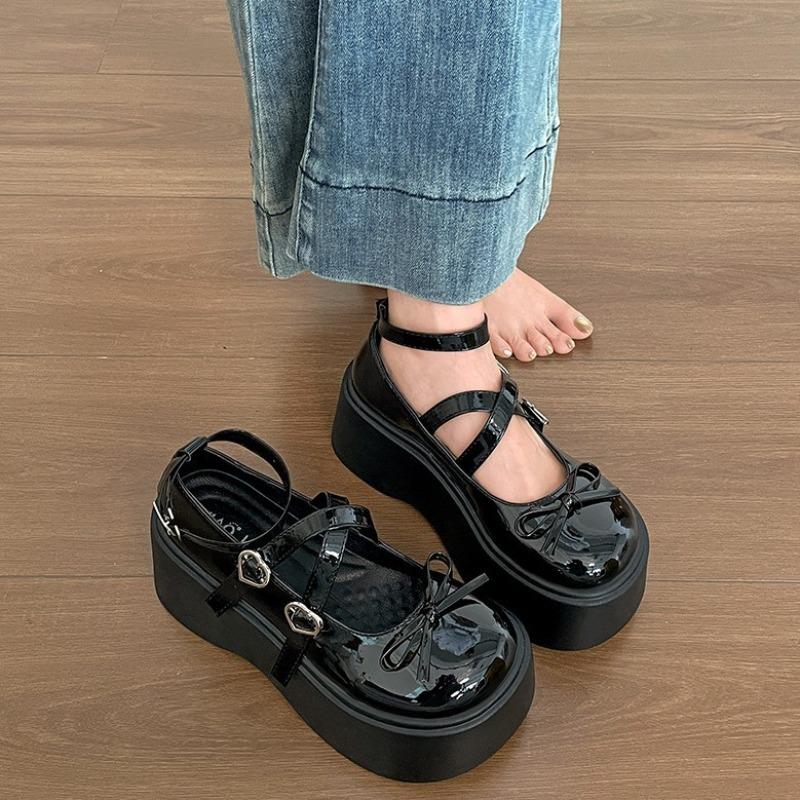 Fashion Women's Mary Jane Soes Spring Autumn New Retro Bow Tie Loafers Belt Buckle Fashion Women Pumps Platform Solid Heels for Women