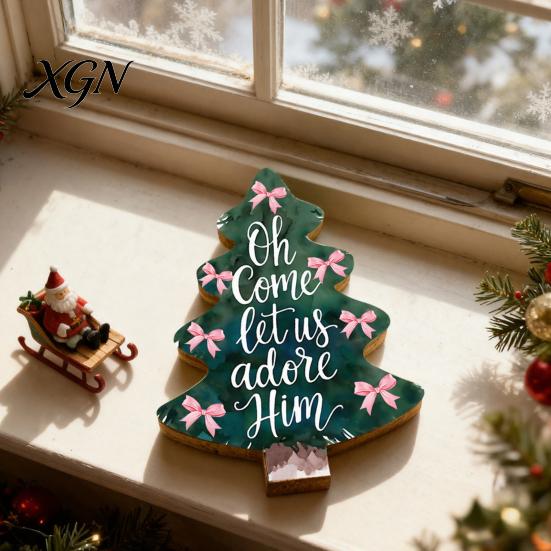 Festive Home Decor Accents Colorful Christmas Tree Tabletop Decor, Wooden Plaid Patterned Xmas Signs with Small Party Favors Merry Greetings,