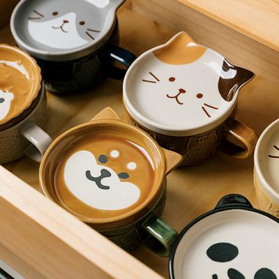 Caneca de café japonesa com desenho de gato e tampa com estampa de gato, prato pequeno, xícara de café da manhã fofa, xícara de café criativa, xícara de leite, presente para meninas
