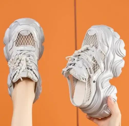 Fashion 9CM Breathable Mesh Synthetic Slippers Bling Casual Vulcanize Hollow Shoes Summer Chunky Sneakers Platform Wedge Sandals Woman