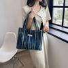 Stylish Blue Pink Beige Rainbow Striped Canvas Tote Bag With Embroidery For Daily Use