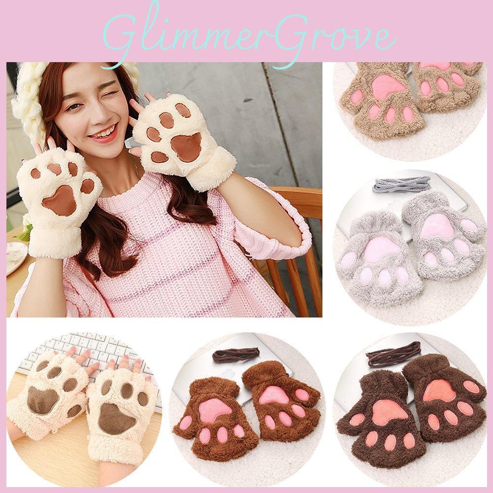 Cute Cat Paw Gloves Winter Warm Touchscreen Half Finger Mittens For Girls