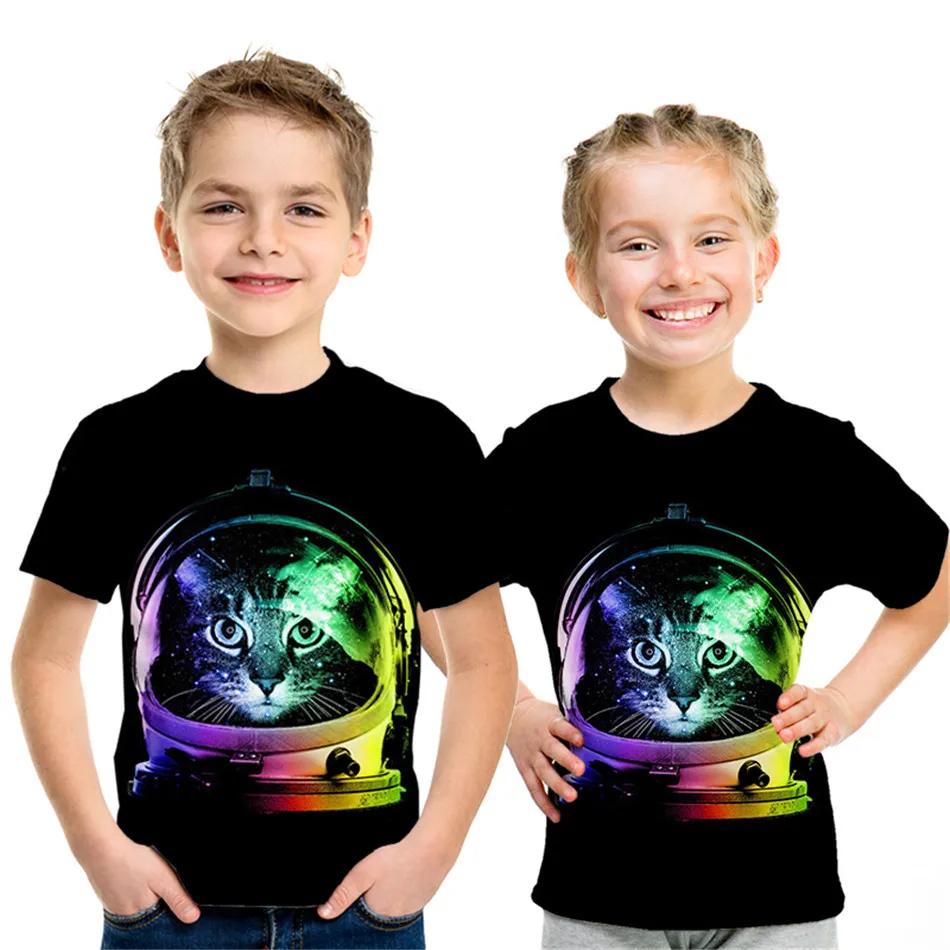 Children's Clothing Boy Girl Short Sleeve Children Summer Clothes 3D Cat Print Lovely Black T-Shirt 2024 Kids Clothes Girl Tops