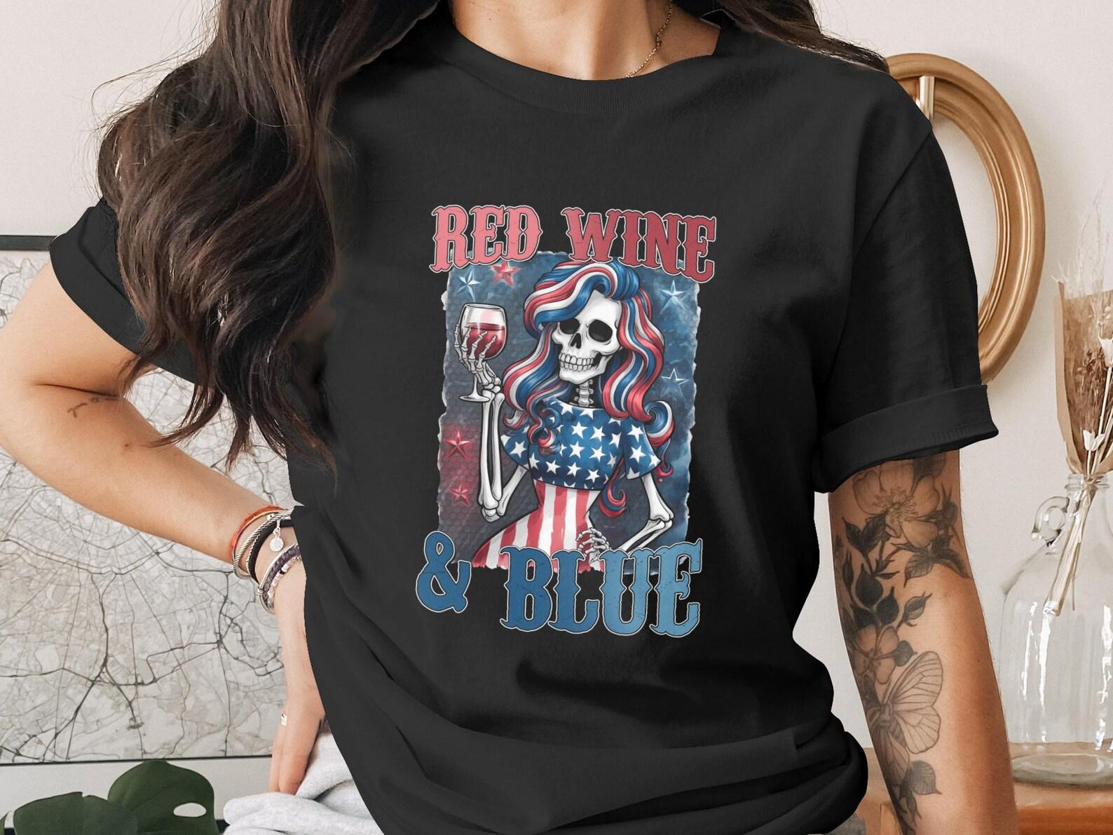 Red Wine and Blue T-Shirt, 4th of July Skeleton Shirt, Patriotic Wine Lover Tee, American Flag Skeleton Independence Day Gift 2XL