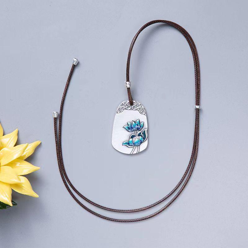 S999 Silver Ethnic Cloisonné Pendant with Auspicious Cloud, Lotus, and Koi Design