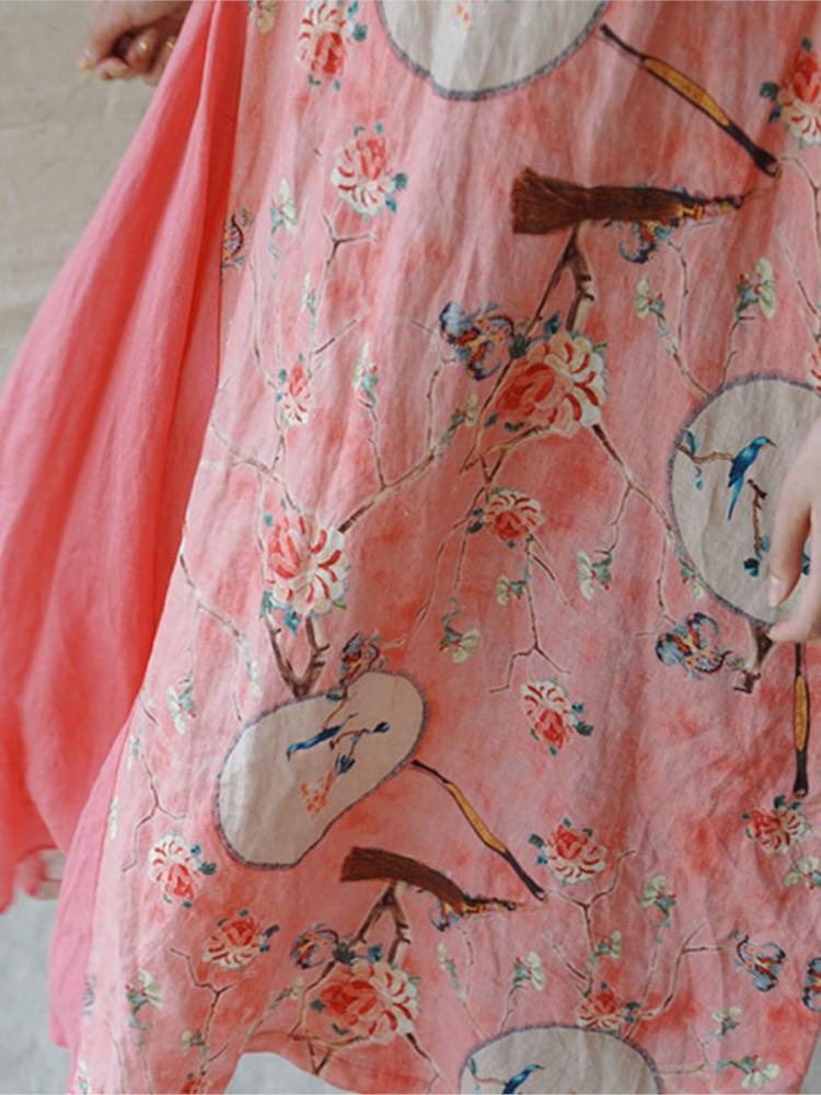 Johnature Women Retro Fashion Print Stand Plate Buckle Cheongsam Dresses Summer Cotton Linen Three Quarter Sleeve Dress