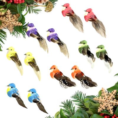 12 PCS Artificial Birds Christmas Tree Birds Colourful Clip Artificial Foam Feather Realistic Birds Christmas Ornaments Home Party Decor