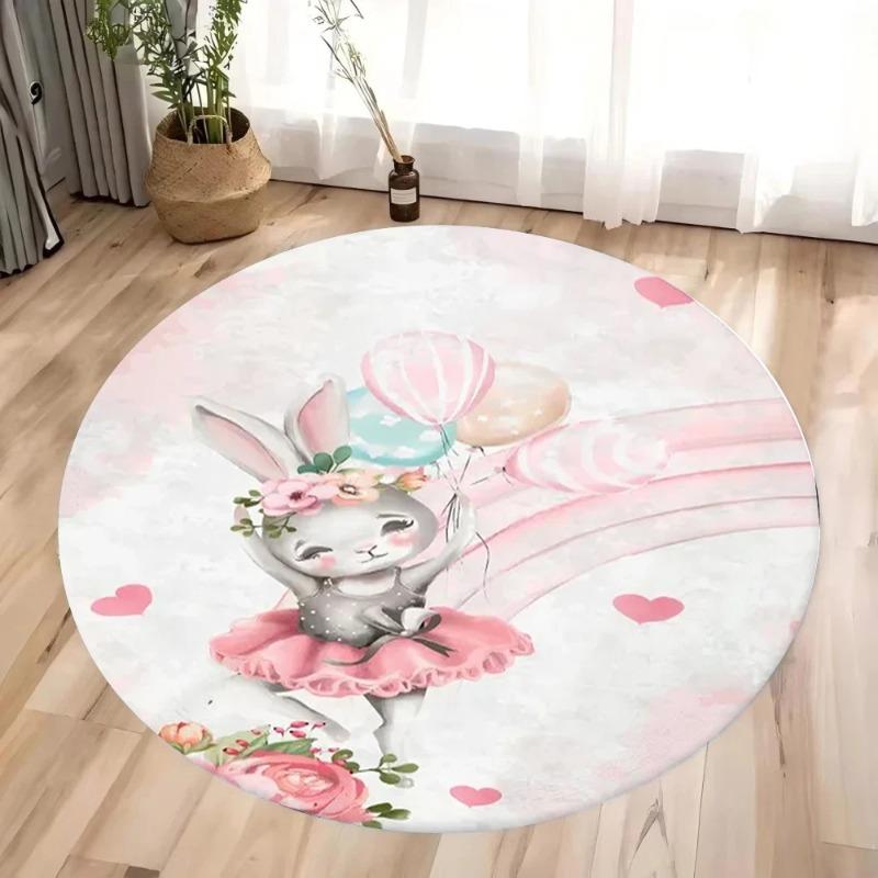 Pink Circular Carpet Cartoon Rabbit Pattern Rug Little Girl Bedroom Anti Slip Dirt Resistant Floor Mat Home Decoration