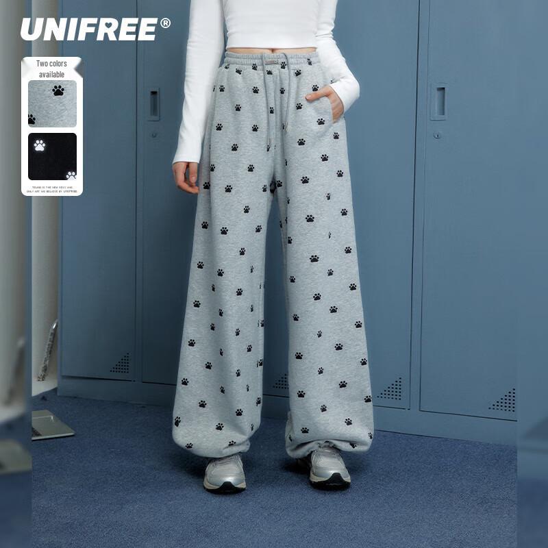 

UNIFREE Plush Lined Casual Wide Leg Pants with Paw Print M