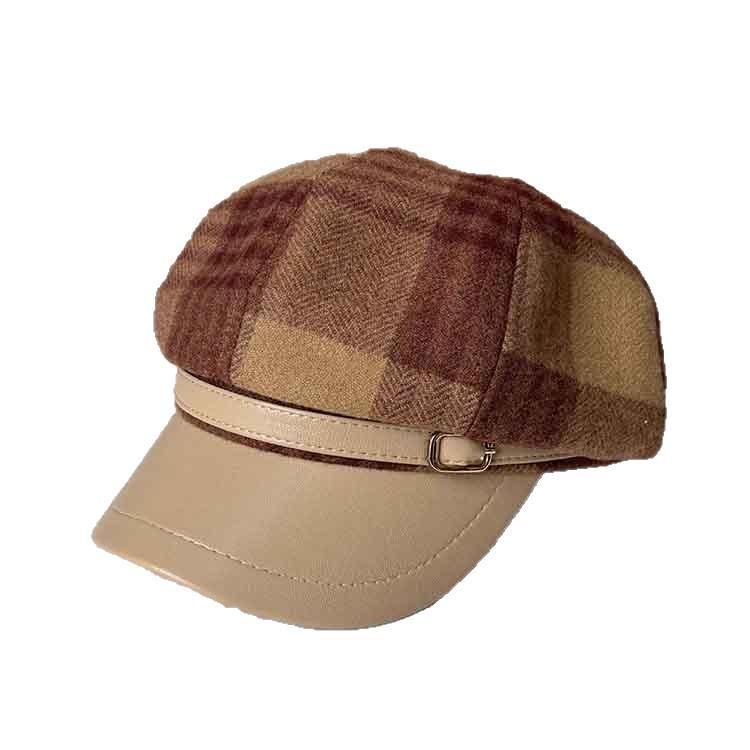 Spring and Autumn Fashion Plaid Piece Cap Metal Belt Buckle Decorative Octagonal Hat Women's Retro British Style Newsboy Hat