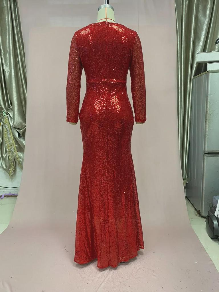 2025 Červené Třpytivé Šaty s Rybím Ocasem, Dlouhým Rukávem a Výstřihem do V pro Ženy