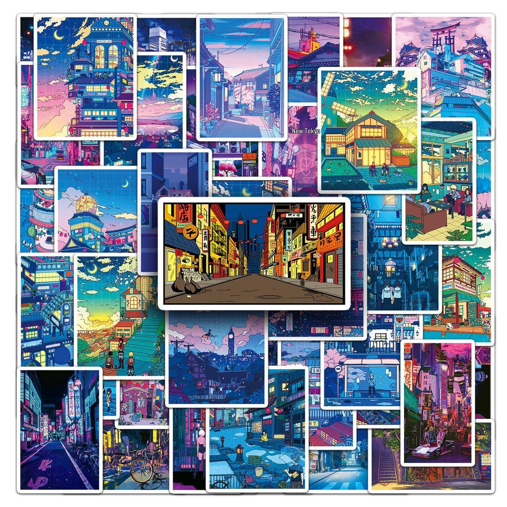 50 Cartoon Anime Night View Waterproof Stickers for Journals, Phone Cases, and Luggage