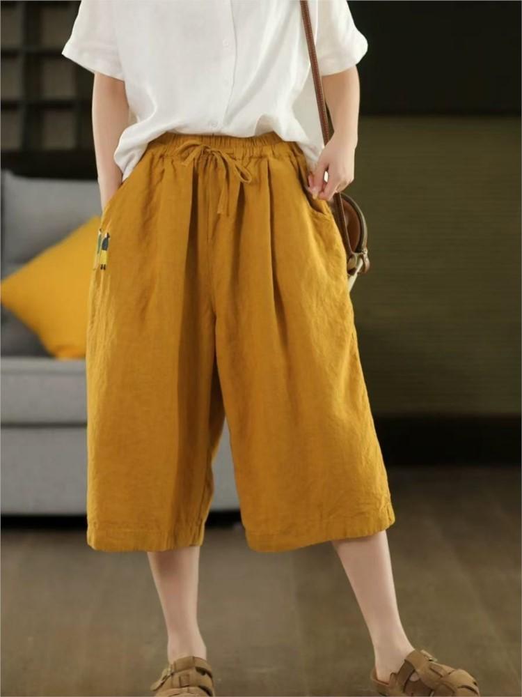 

Johnature Women Vintage Embroidery Pants Elastic Waist Solid Color Summer Trousers Pockets Belt Calf Length Pants One Size жёлтый