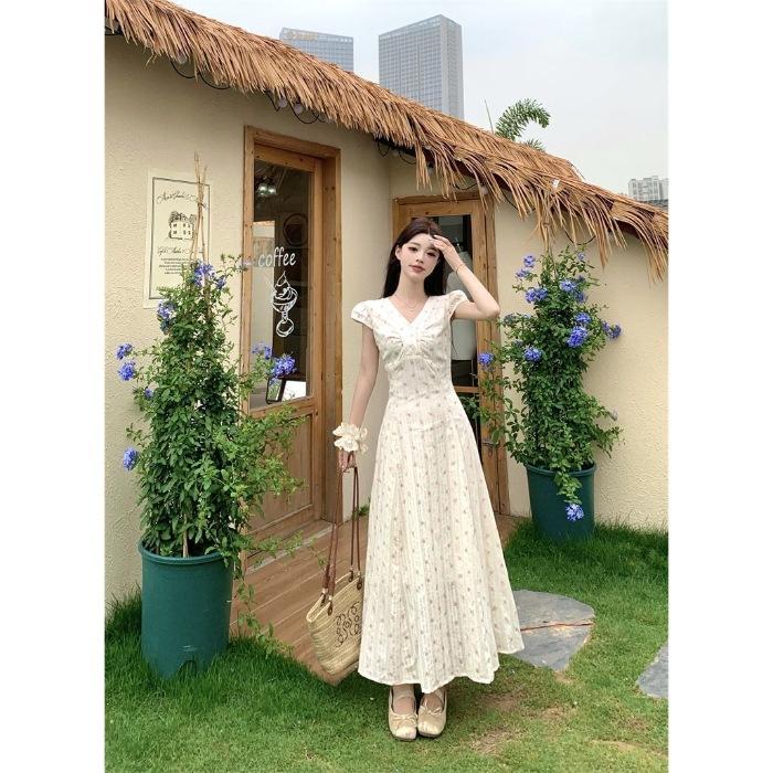 Summer academy style V-neck loose medium and long floral dress female Korean version student temperament vacation knee dress