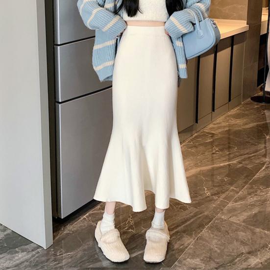 Women Fishtail Skirt High Waist Hip Wrapped Midi Skirt Solid Color Slim Fit Autumn Winter Knitting A-Line Skirt