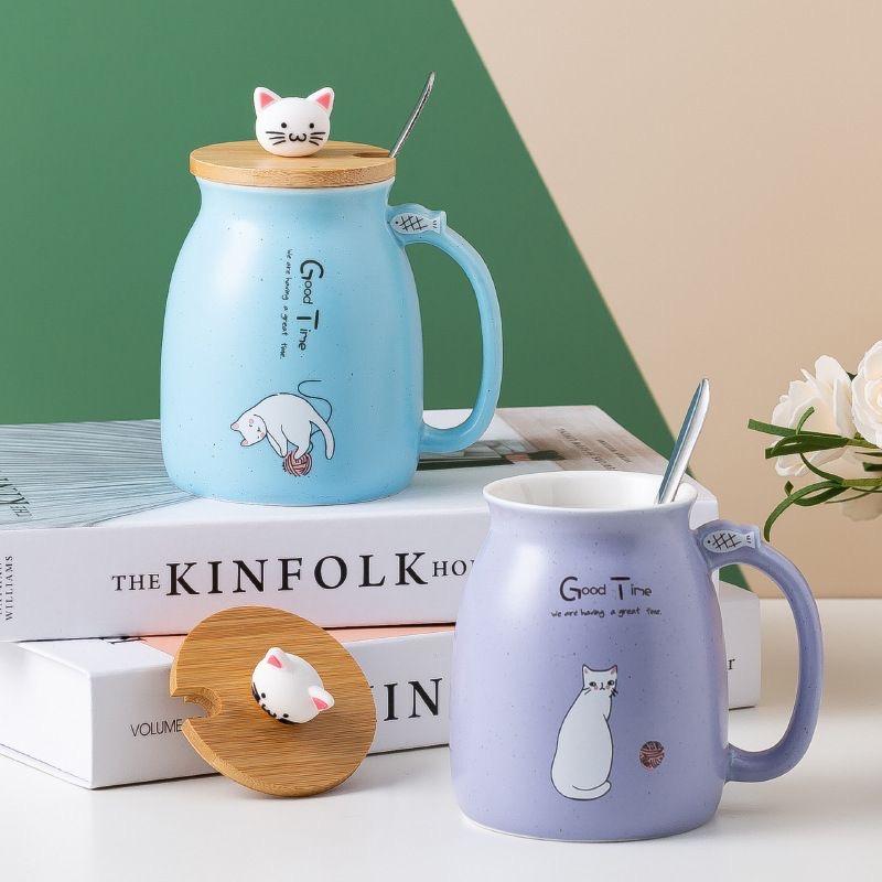 Cute Cartoon Cat Ceramic Mug with Lid and Spoon – Breakfast Coffee Cup