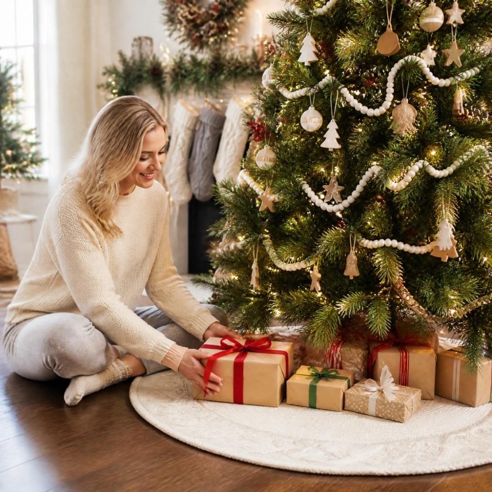 Solid Color Cable Knit Tree Skirt Bowknot Xmas Tree Decor  Home Decorations