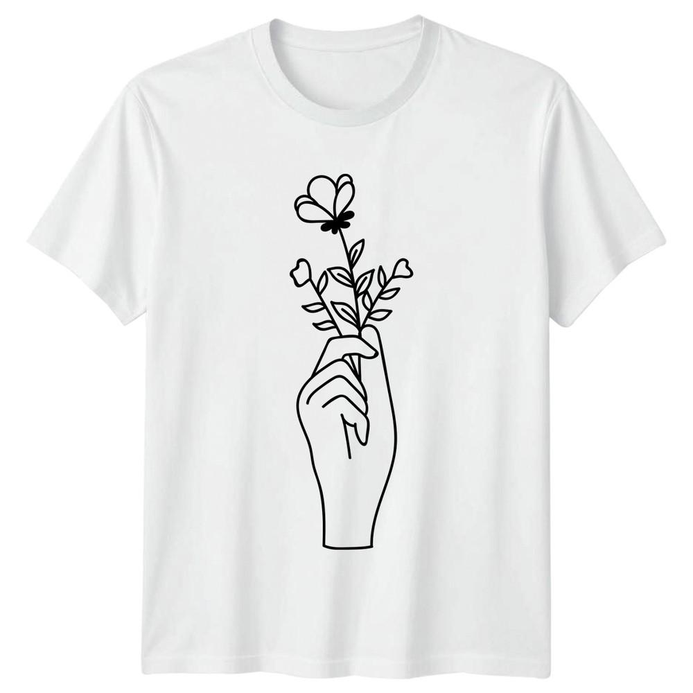 Graceful Hand Holding Flowers Unisexs TShirt Line Art Floral Birthday Gift S