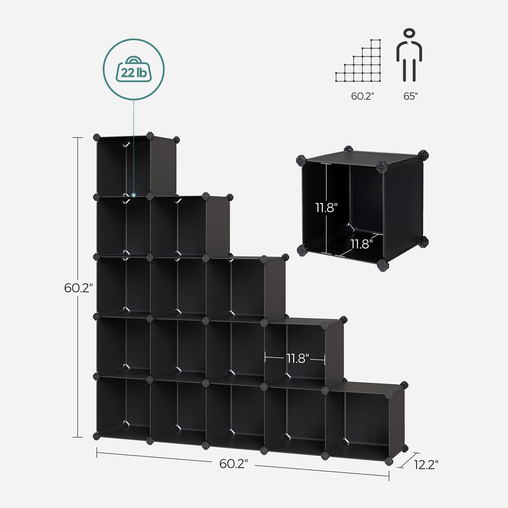 SONGMICS 15-Cube Storage Unit, Shoe Rack, DIY Shelving System, Stackable Cubes, PP Plastic Shelf, Wardrobe, Closet Divider, for Bedroom, Office, Black