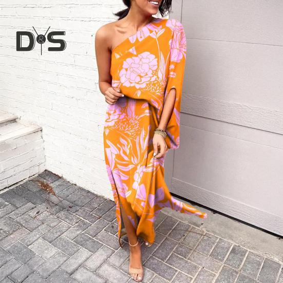 Women's One Shoulder Maxi Dress Batwing Sleeves Floral Printed Split Long Dress Pleated High Waist Cocktail Party Dress