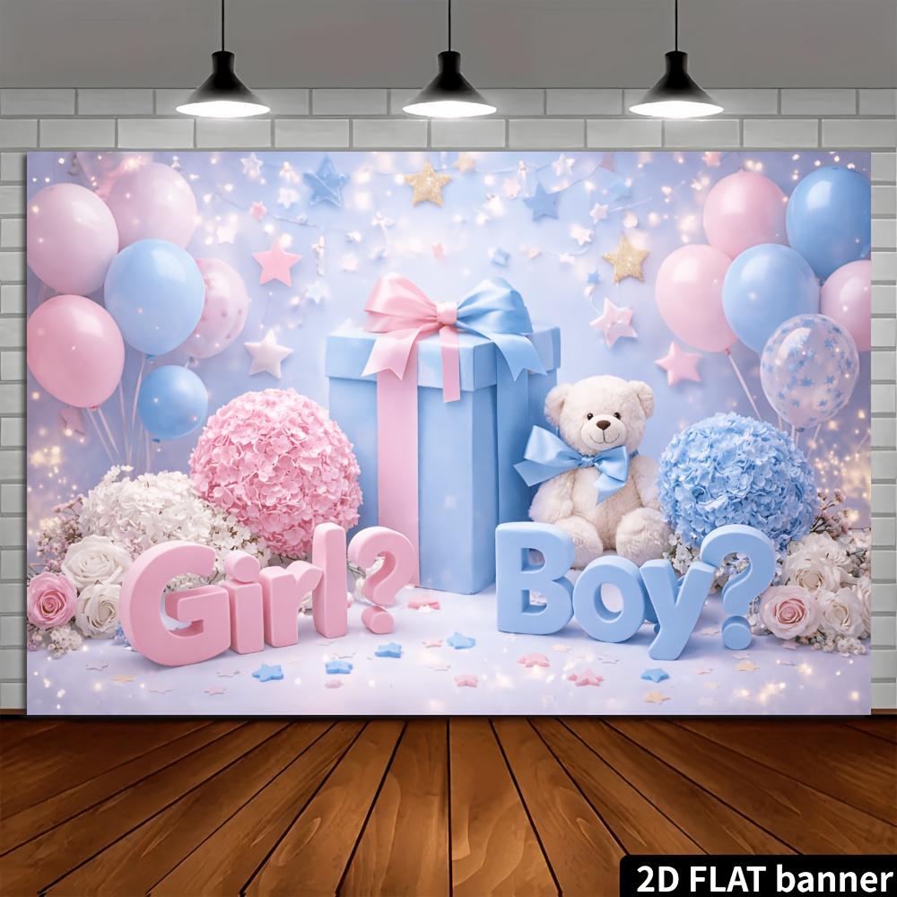 2D plane gender reveal theme party banner background. Light blue and fresh color scheme, featuring balloons and teddy be