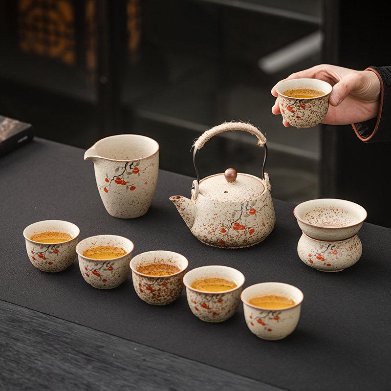High-End Flint Red Gongfu Tea Set with Ceramic Kettle, Teacups, and Teaplatters