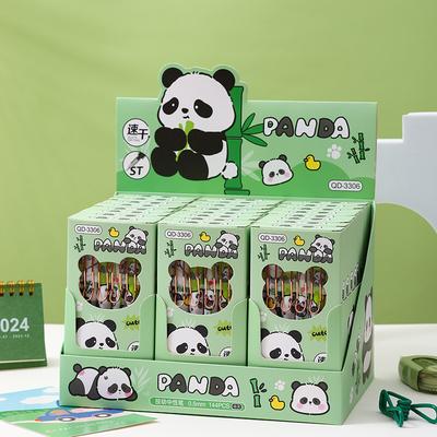 144pcs 0.5mm Cartoon Panda Metal Pen Clip Press Pen ST Quick Dry Press Neutral Pen Black Signature Pen Stationery