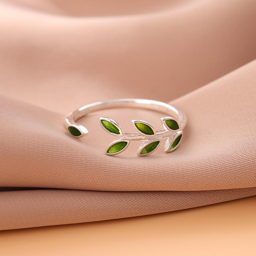 New Arrival Exquisite Green Leaf Epoxy Fashion 925 Silver Jewelry Atmosphere Creative Leaves Opening Rings R128