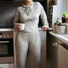 Women Autumn Winter Solid Color Loose Knitted Sweatshirt Suit Casual Long Sleeved Striped Hoodie Long Straight Leg Pants Two-piece Set