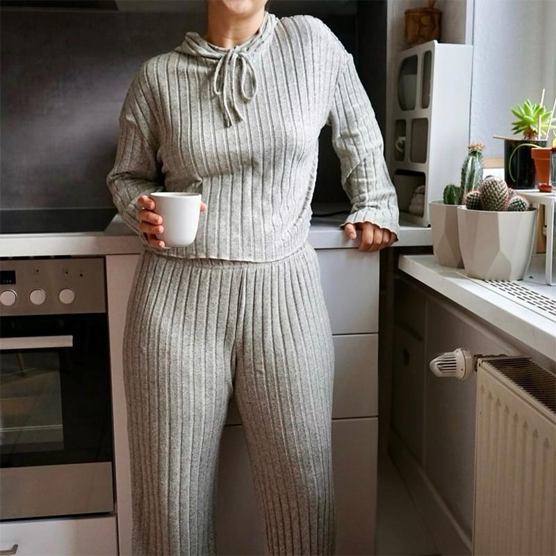 Women Autumn Winter Solid Color Loose Knitted Sweatshirt Suit Casual Long Sleeved Striped Hoodie Long Straight Leg Pants Two-piece Set