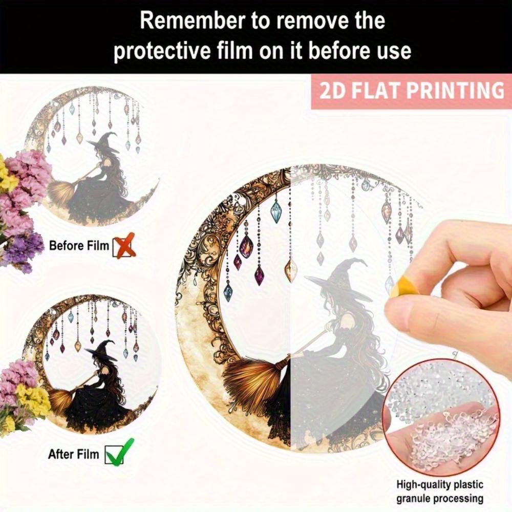 2D flat acrylic Mystery Witch on the Crescent Sun Catcher - acrylic window hanging, stained glass style, perfect for Halloween and fall home decor