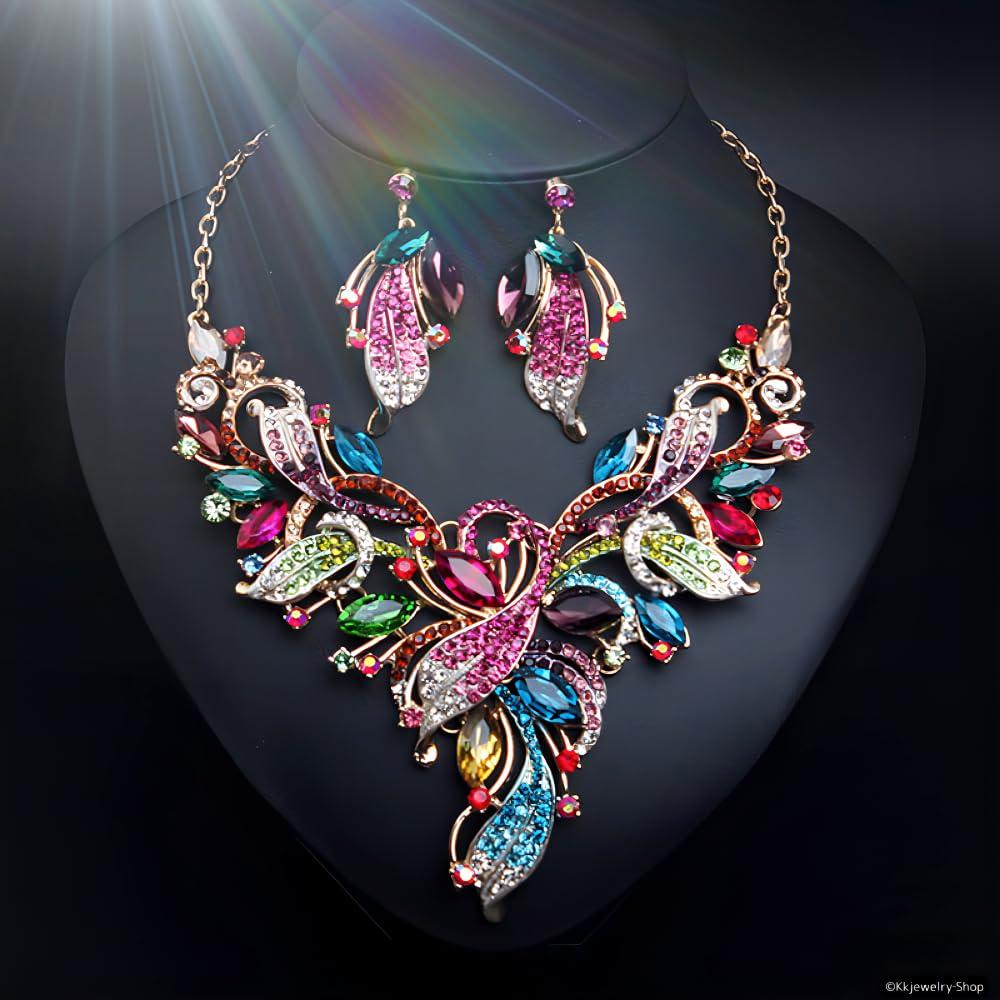 [KK Solis] Necklace and Earrings Set for Women, Luxurious Crystal, for Stage Performances, Concerts, Weddings, Recitals, Ballroom Dance Costumes,