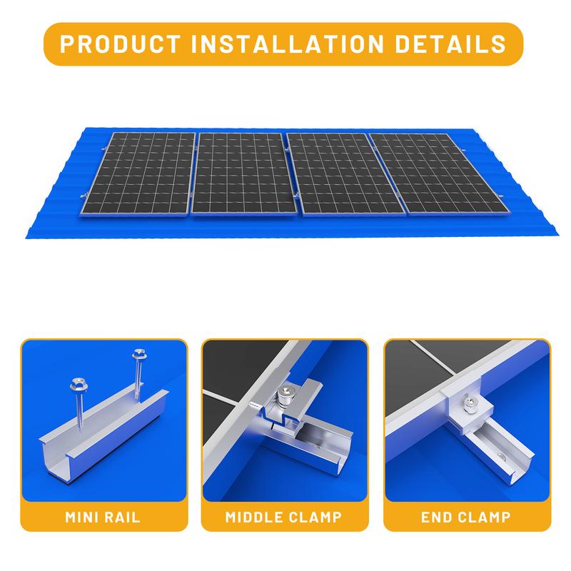 14/12/10/6pcs Solar Panel Mounting Brackets Mid and End Clamps and Rails Kit for Roofing Solar Panels of Multiple Sized
