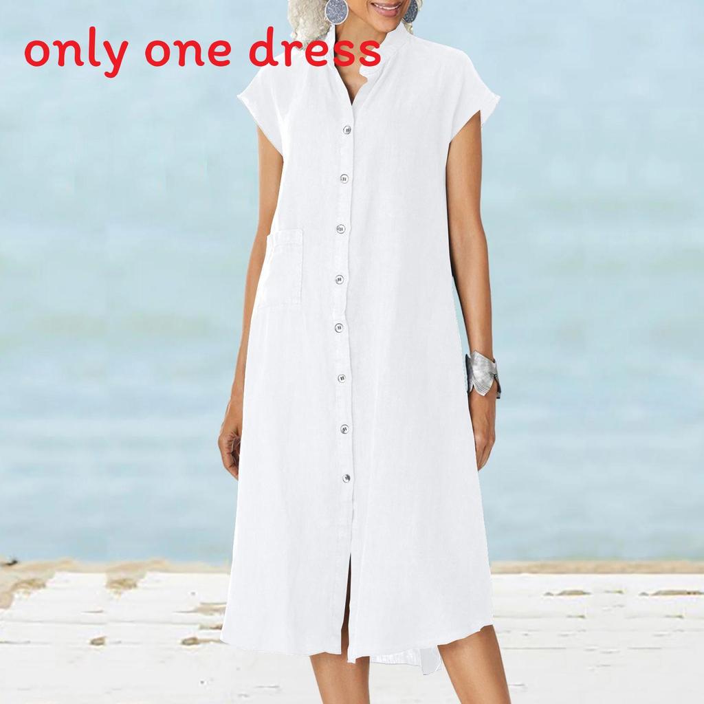 Cotton Linen Long Dress With Pocket And Stand Collar For Casual Travel