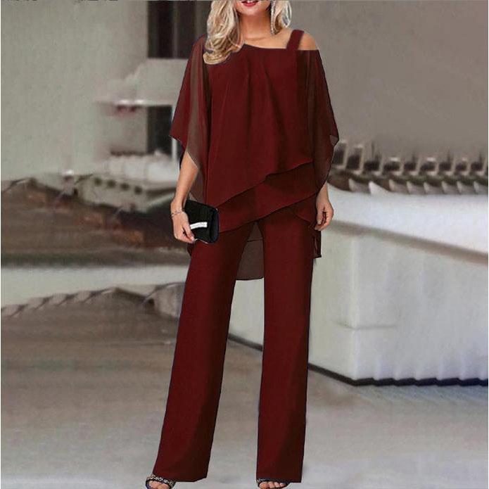 Damen Hosen Sets Zweiteilig Sexy Off Shoulder Halber Fledermausärmel Bluse Weites Bein Lockere Hosenanzüge
