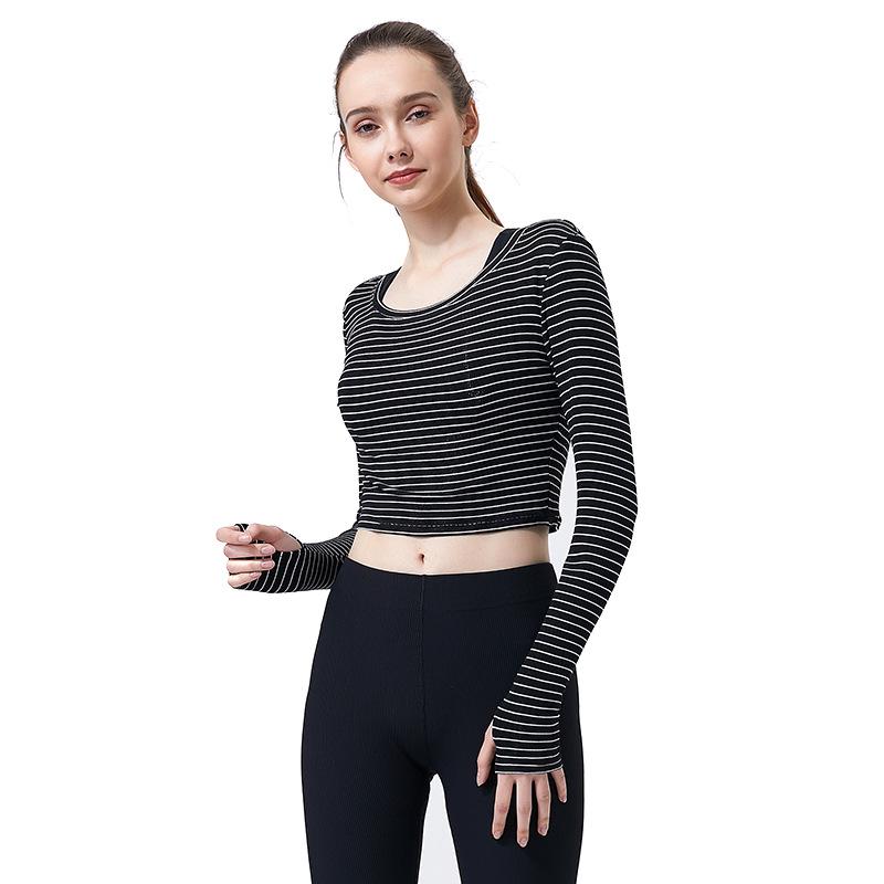 Women's Spring Striped Slimming Yoga Crop Top with Thumb Holes - Long Sleeve Fitness Shirt