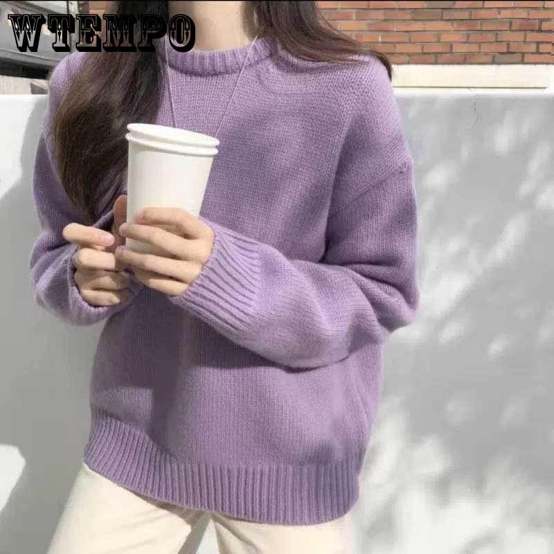 

Весенне-осенний однотонный свитер с круглым вырезом, женский свободный вязаный свитер в корейском стиле, универсальный пуловер для верхней одежды, свитер