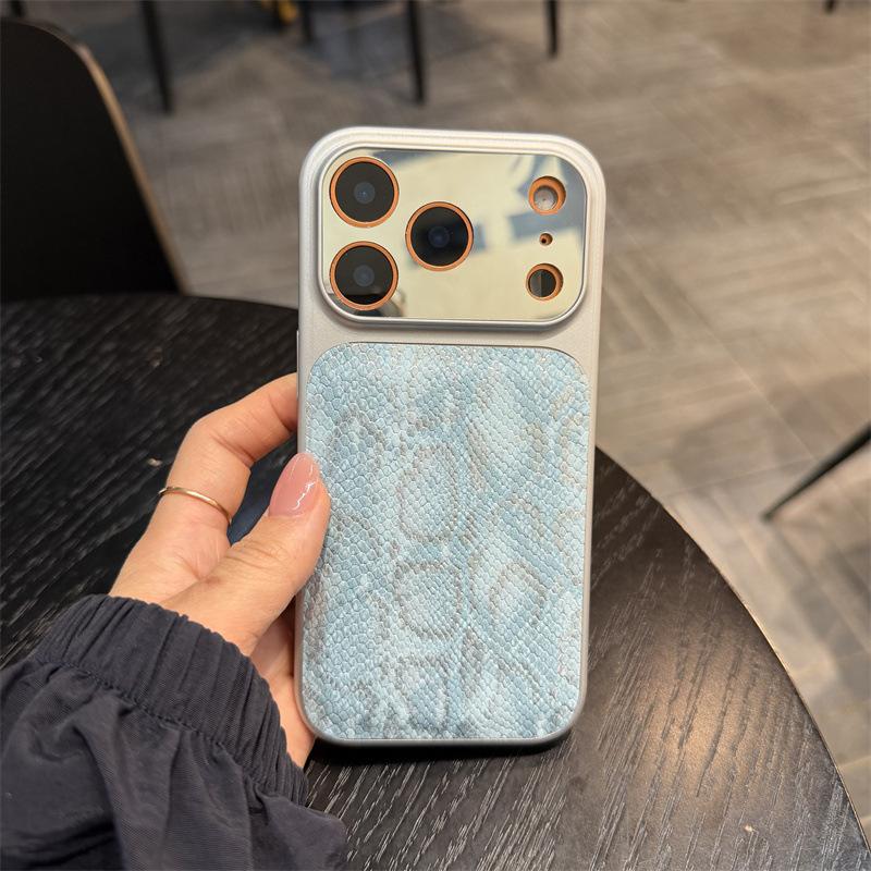 Large Window Mirror with Snakeskin Texture Fits iPhone 17 Pro Max Case iPhone 16 Bulge 15 Light Luxury 14 Women