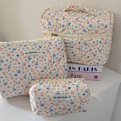 Large Floral Corduroy Makeup Bag for Women - Portable Handheld Skincare Storage