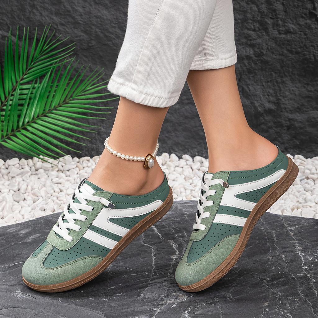 Women Retro Color Block Slip On German Trainer Mule Slippers, Breathable Soft Sole Versatile Casual Summer Walking Shoes