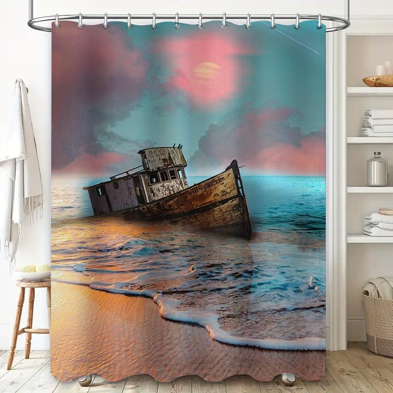 Boat Bath Mat Set Modern Waterproof Shower Curtain With Sunset Sky Scene For Bathroom Decoration. (59 Characters)
