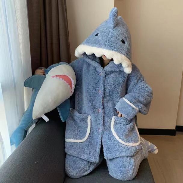 Women's Cute Shark Hooded Pajamas: Thickened Coral Fleece for Warmth, Perfect for Winter Lounging and Outdoor Wear.