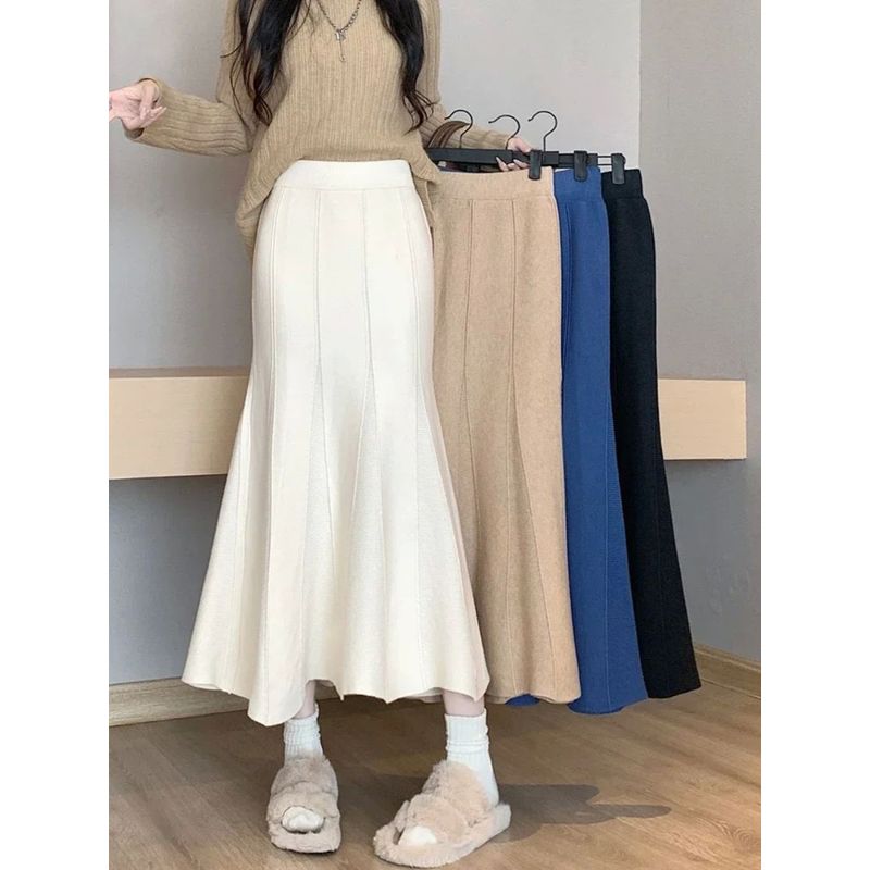 High Waisted Slim Fit Fishtail Skirt Pure Color High Waist Silm Fishtail Skirt